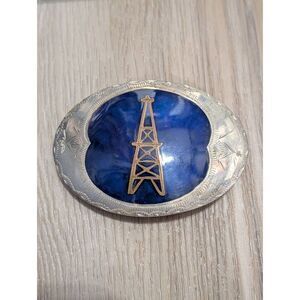 Vintage German Silver Western Belt Buckle Blue Inlay Oil Derrick Western Buckle